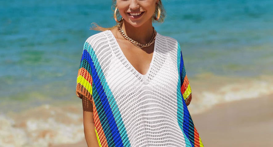 Fashion Yellow Open-knit Rainbow Sunscreen Blouse,Cover-Ups