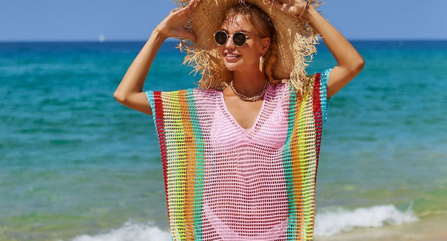Fashion Pink Open-knit Rainbow Sunscreen Blouse,Cover-Ups