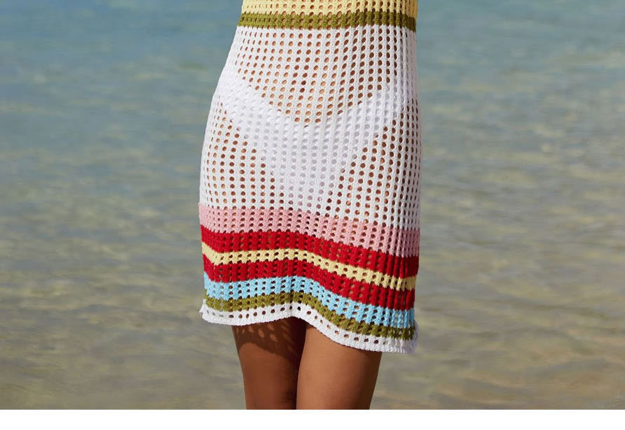 Fashion Rose Red Color Striped Knit Sunscreen Blouse With Straps,Cover-Ups