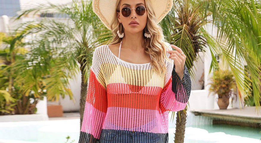 Fashion Purple Color Striped Knit Long Sleeve Sunscreen Blouse,Cover-Ups
