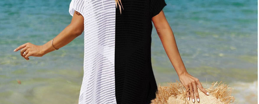 Fashion Black And White Polyester Color Block Knit Long Sleeve Sun Protection Blouse,Cover-Ups
