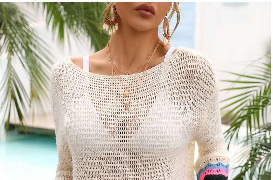 Fashion White Open-knit Long-sleeve Sun Protection Blouse,Cover-Ups