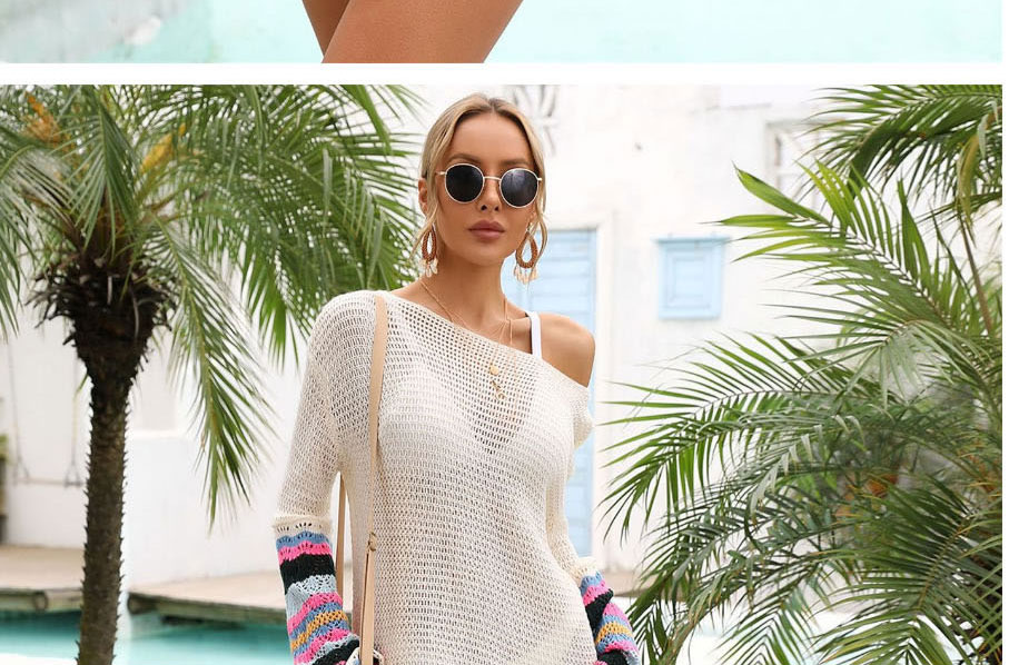 Fashion Apricot Open-knit Long-sleeve Sun Protection Blouse,Cover-Ups
