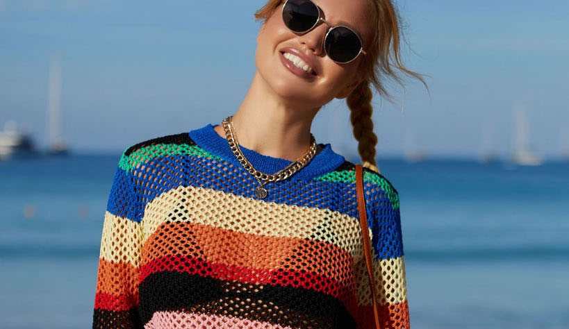 Fashion Sapphire Color Striped Knit Long Sleeve Sunscreen Blouse,Cover-Ups