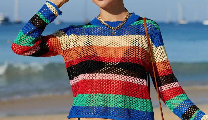 Fashion Green Color Striped Knit Long Sleeve Sunscreen Blouse,Cover-Ups