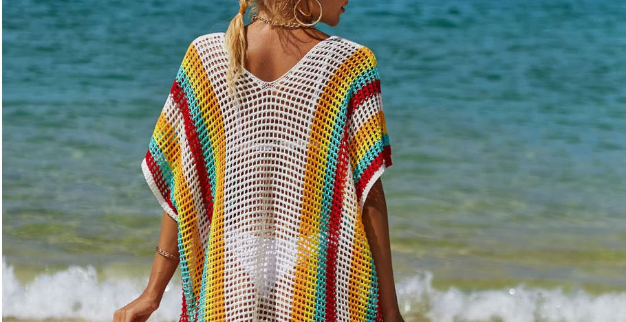 Fashion Apricot Color Striped Knit Sunscreen Blouse,Cover-Ups
