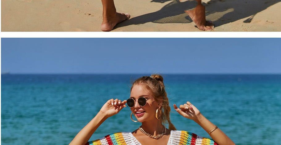 Fashion Apricot Color Striped Knit Sunscreen Blouse,Cover-Ups
