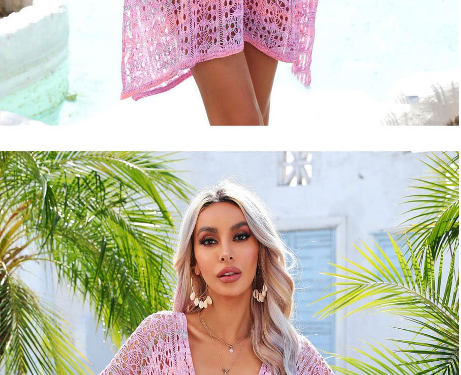 Fashion Watermelon Red Open-knit Paneled Sunscreen Blouse,Cover-Ups