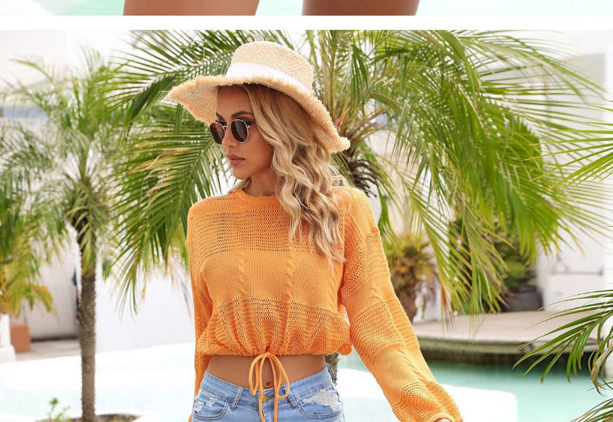 Fashion Apricot Polyester Sheer Knit Tie Long Sleeve Sun Protection Blouse,Cover-Ups