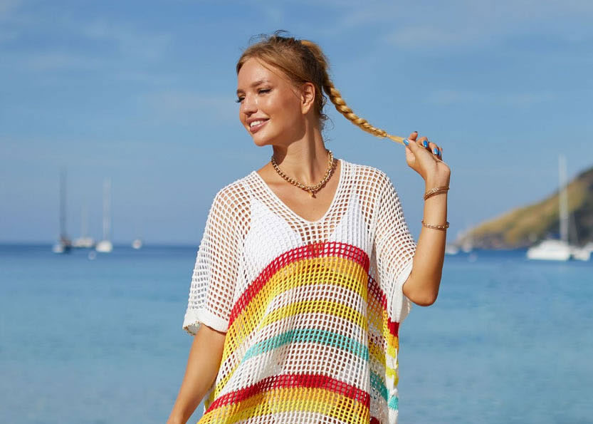 Fashion Red Color Striped Knitted Hollow V-neck Sunscreen Blouse,Cover-Ups