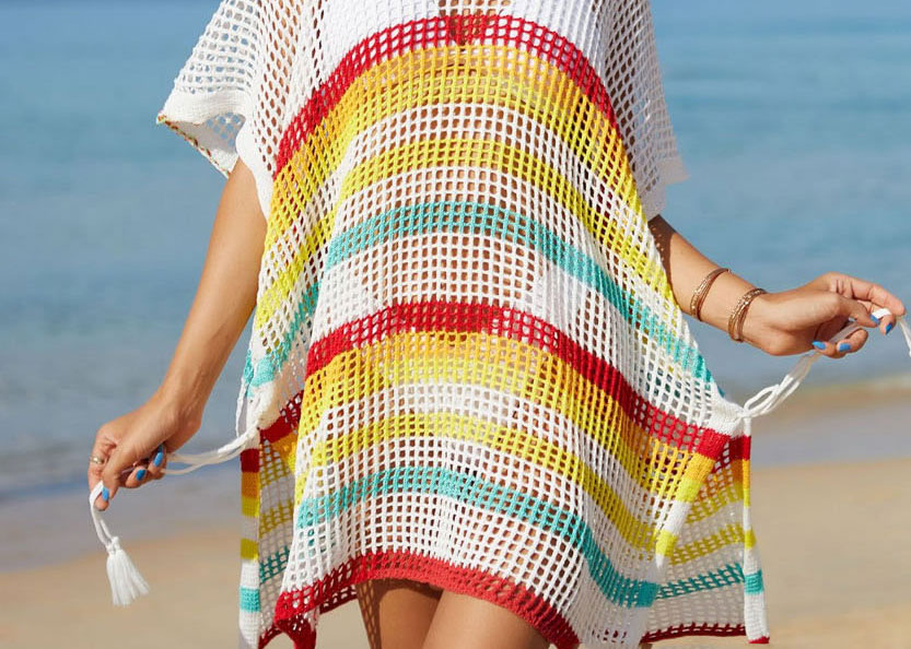 Fashion Red Color Striped Knitted Hollow V-neck Sunscreen Blouse,Cover-Ups