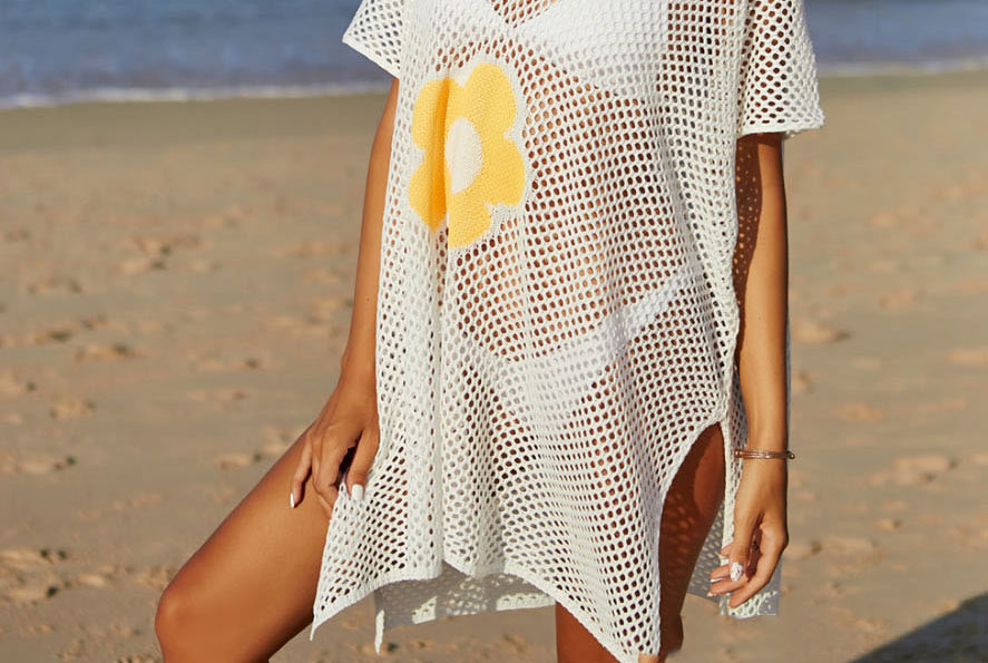 Fashion Apricot Acrylic Open-knit Floral Sunscreen Blouse,Cover-Ups