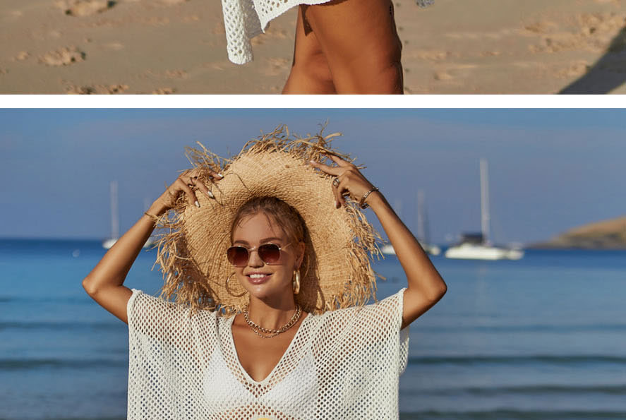 Fashion White Acrylic Open-knit Floral Sunscreen Blouse,Cover-Ups