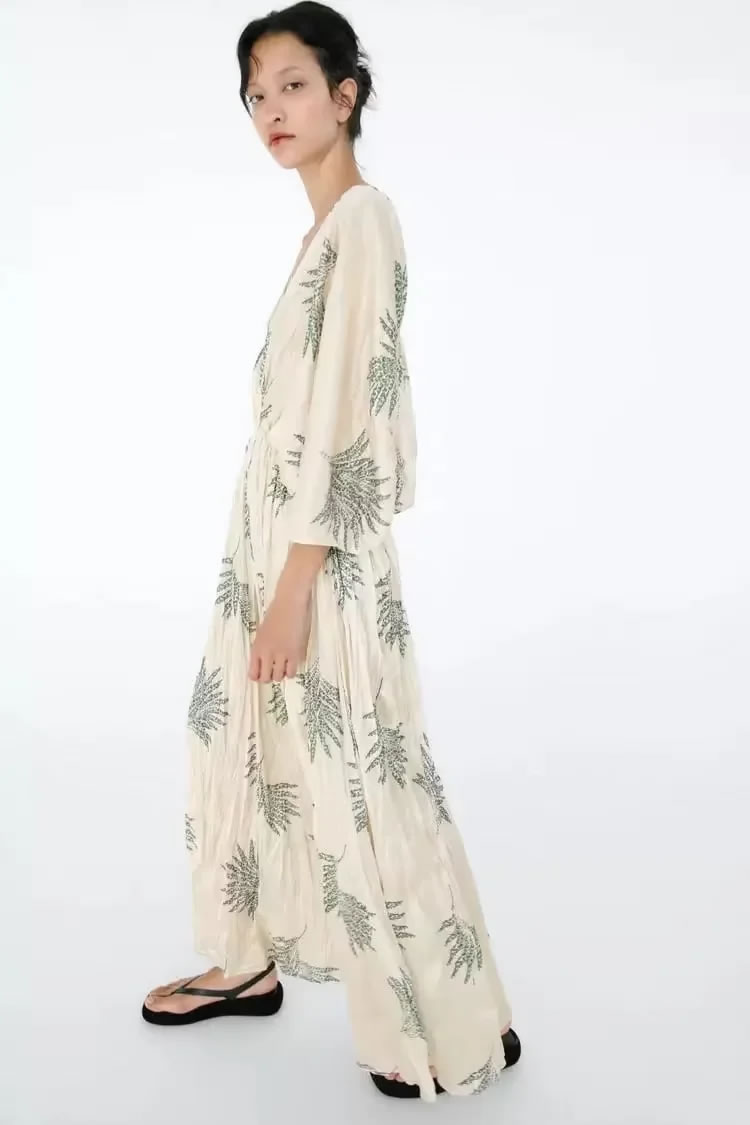Fashion Color Woven Printed V-neck Dress,Long Dress