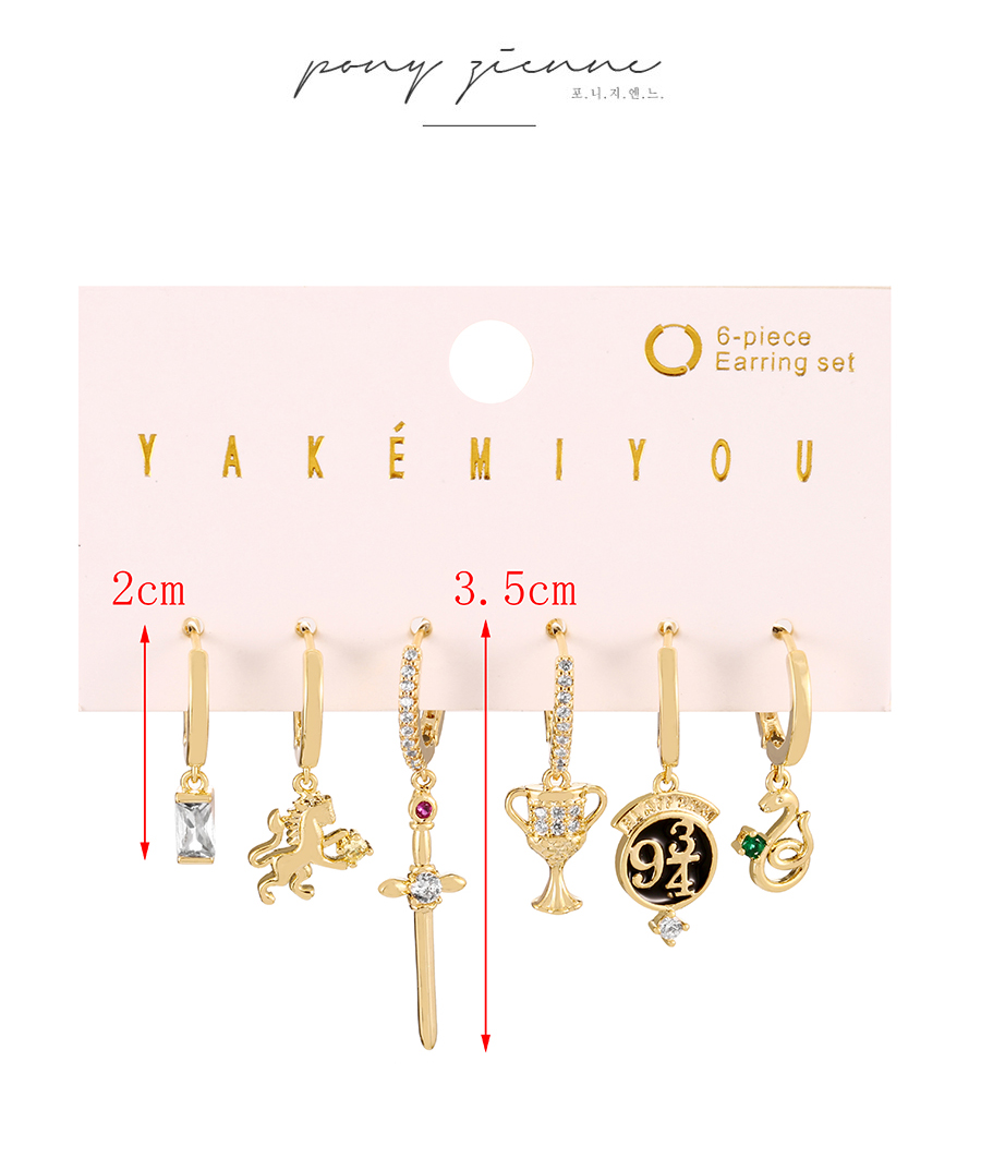 Fashion Gold Copper Inlaid Zircon Holy Sword Holy Grail Number Pendant Earring Set Of 6,Earring Set