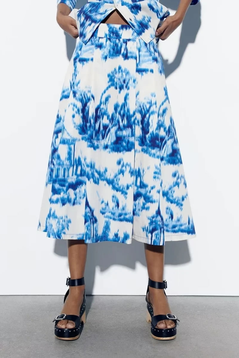 Fashion Blue Polyester Printed Tie-dye Skirt,Skirts