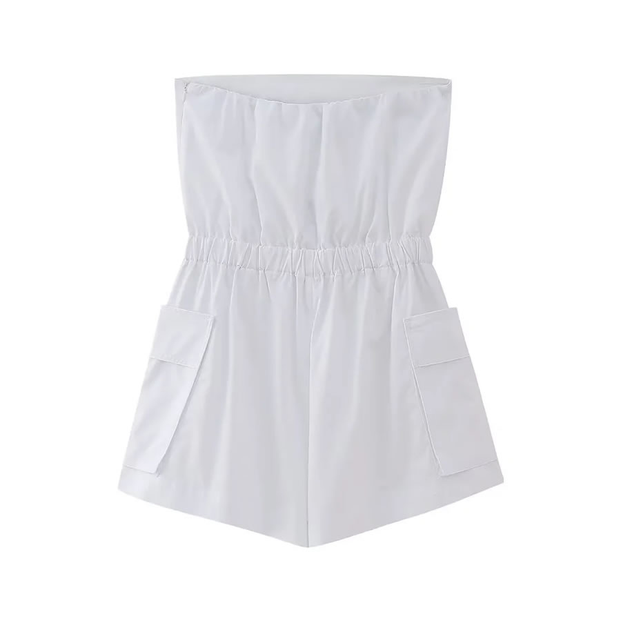 Fashion White Woven Large Pocket Playsuit,Tank Tops & Camis