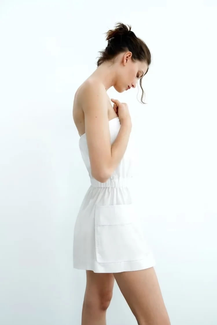 Fashion White Woven Large Pocket Playsuit,Tank Tops & Camis