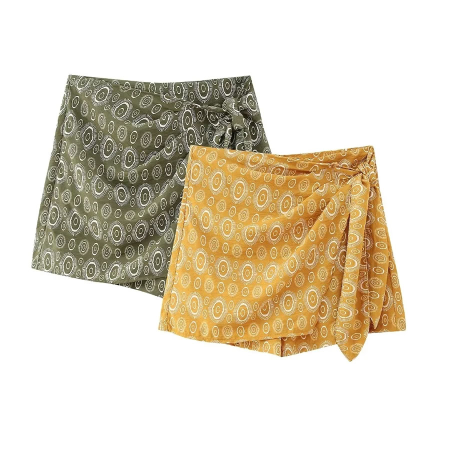Fashion Dark Green Woven Printed Knotted Culottes,Shorts