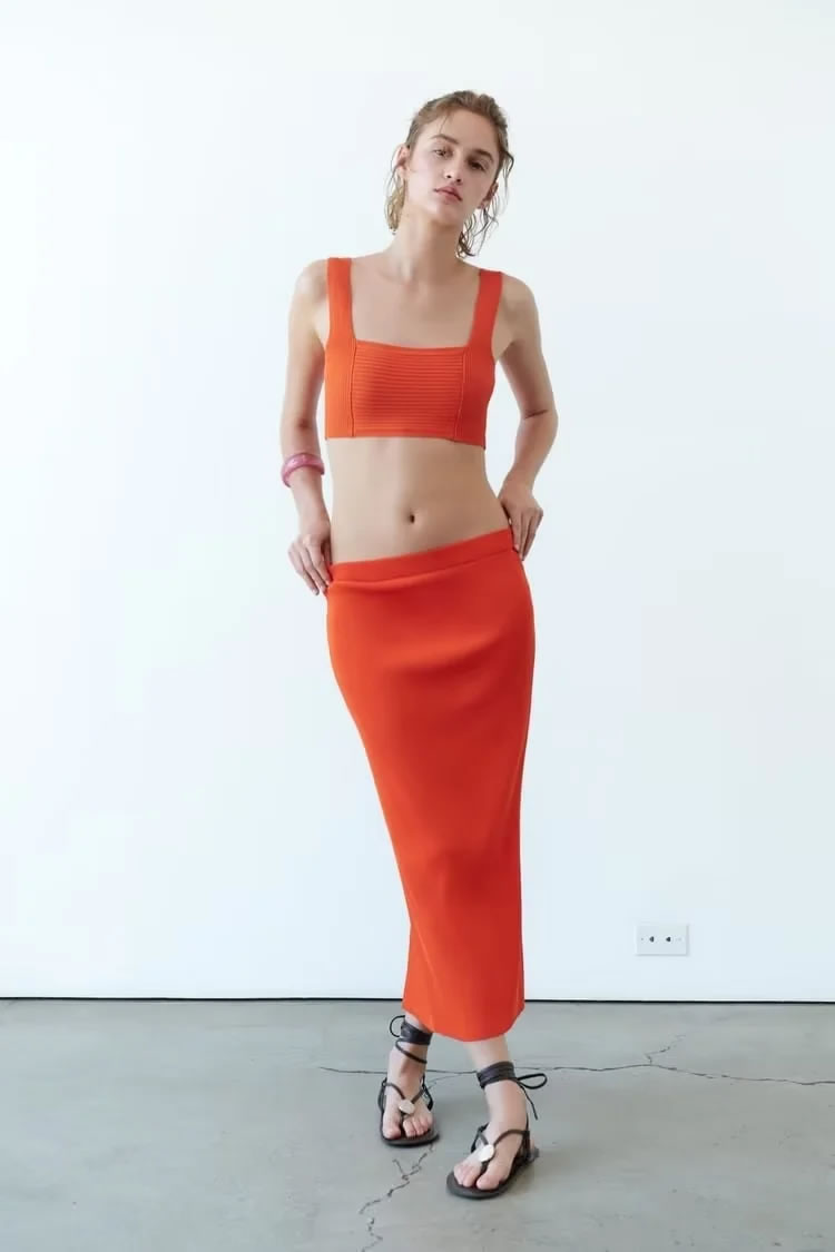 Fashion Orange Ribbed Knit Skirt,Skirts