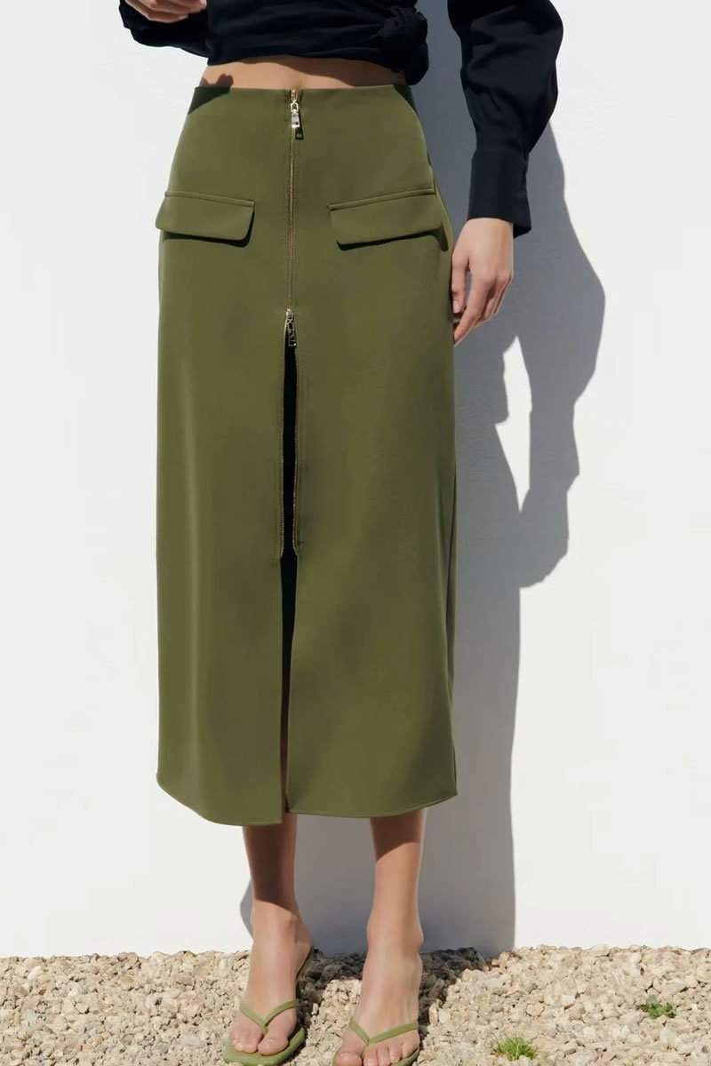 Fashion Army Green Zippered Slit Skirt With Polyester Pockets,Skirts