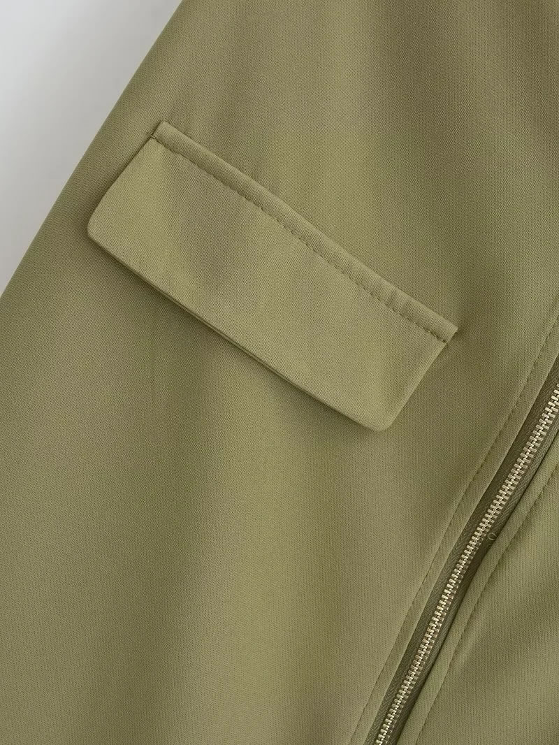 Fashion Army Green Zippered Slit Skirt With Polyester Pockets,Skirts