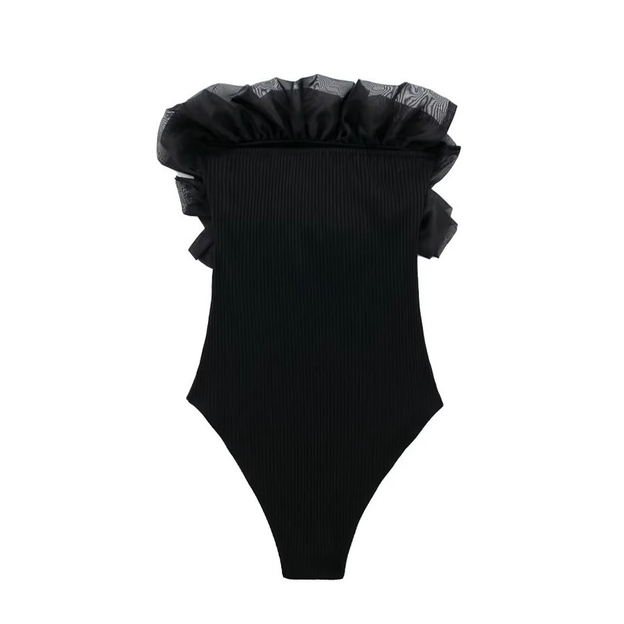 Fashion Black Organza Tiered Ribbed Bodysuit,One Pieces