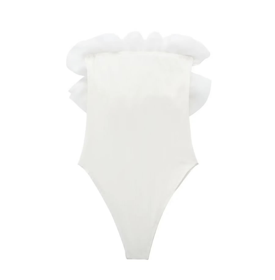 Fashion White Organza Tiered Ribbed Bodysuit,One Pieces
