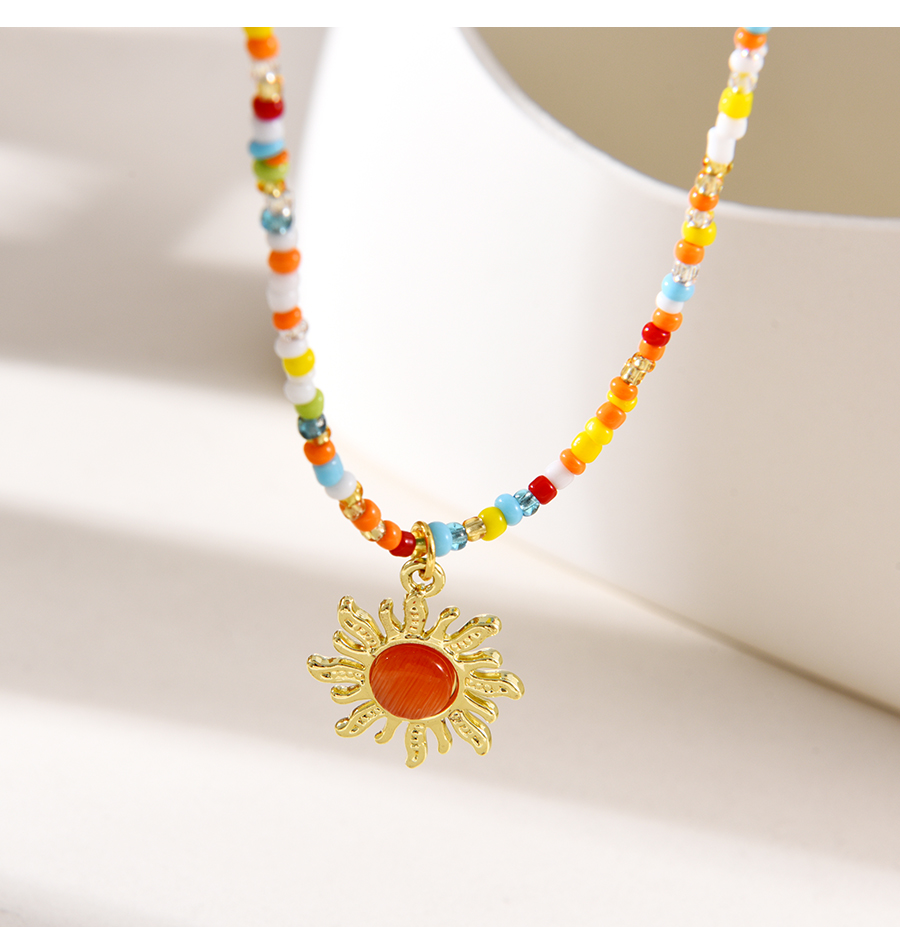 Fashion Color 4 Alloy Opal Sun Pendant Rice Bead Beaded Necklace,Beaded Necklaces