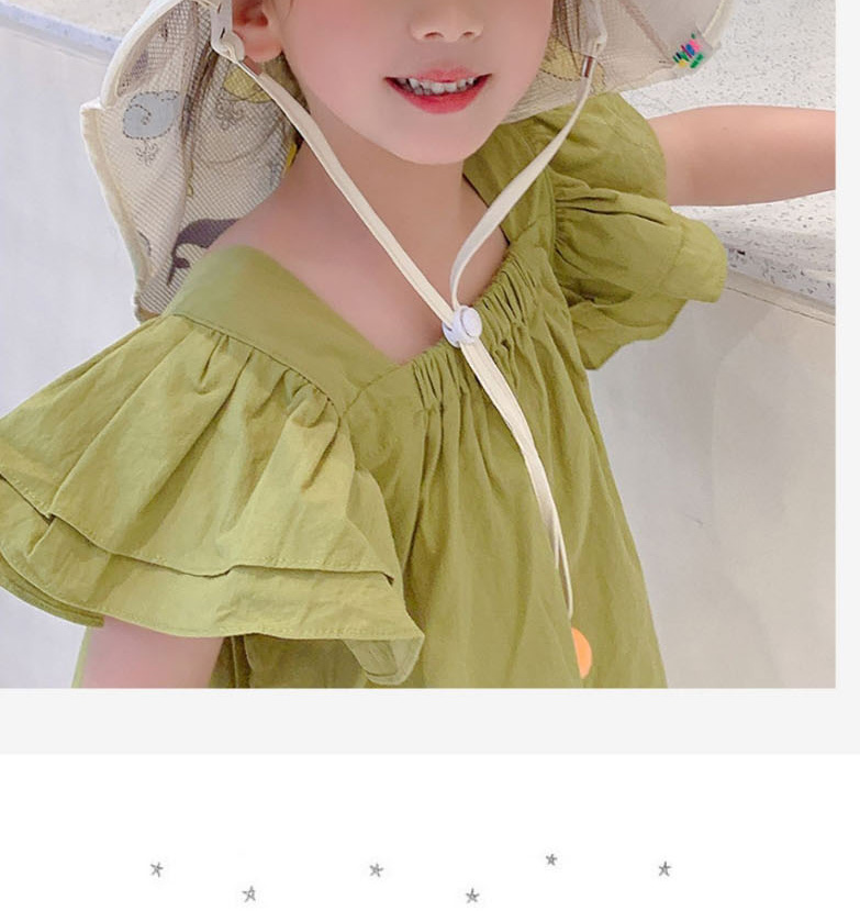 Fashion Empty Hat With Big Brim - Lotus Root Starch Cartoon Green Mob [send Windproof Rope] Pc Printing Woven Large Brim Empty Top Children