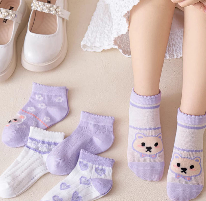 Fashion Bubble Flower [breathable Mesh Socks 5 Pairs] Cotton Printed Children