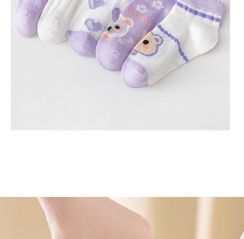 Fashion Purple Flower [breathable Mesh Socks 5 Pairs] Cotton Printed Children