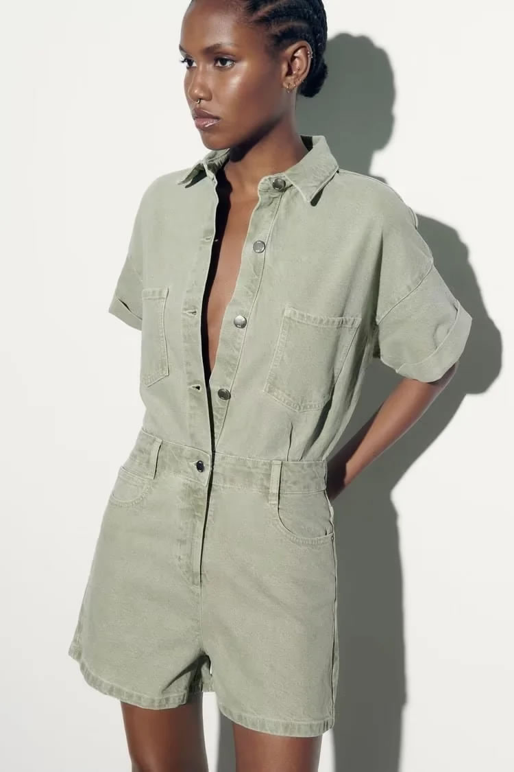 Fashion Green Denim Lapel Button-up Jumpsuit Shorts,Tank Tops & Camis