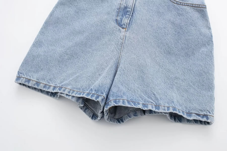 Fashion Light Blue Denim Lapel Button-up Jumpsuit Shorts,Tank Tops & Camis