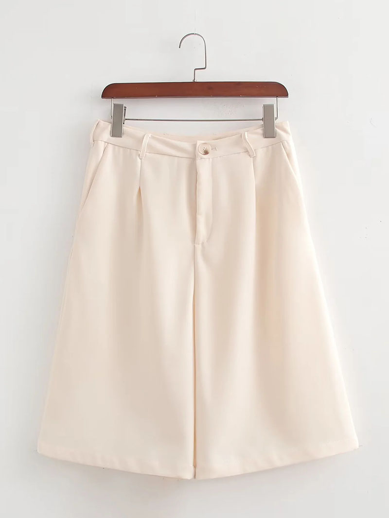 Fashion White Pleated Straight-leg Cropped Trousers,Shorts