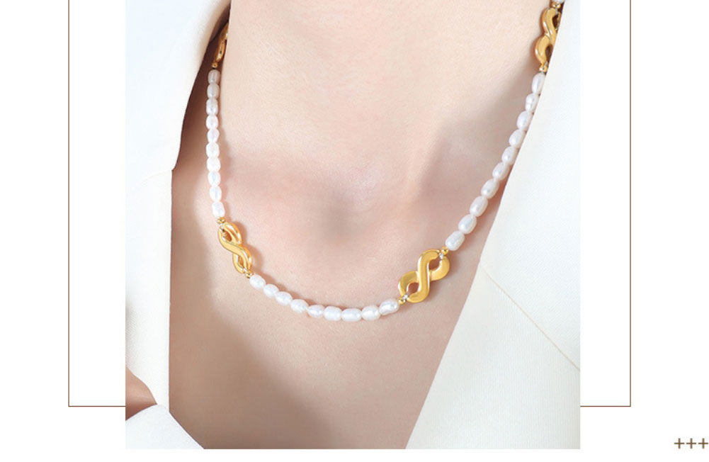 Fashion Gold Titanium Steel Pearl Beaded Figure 8 Necklace,Necklaces