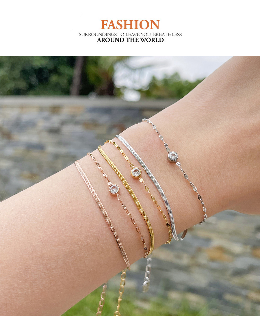 Fashion Rose Gold Double Layer Titanium Steel Inlaid Zirconium Round Pendant Snake Chain Bracelet,Bracelets