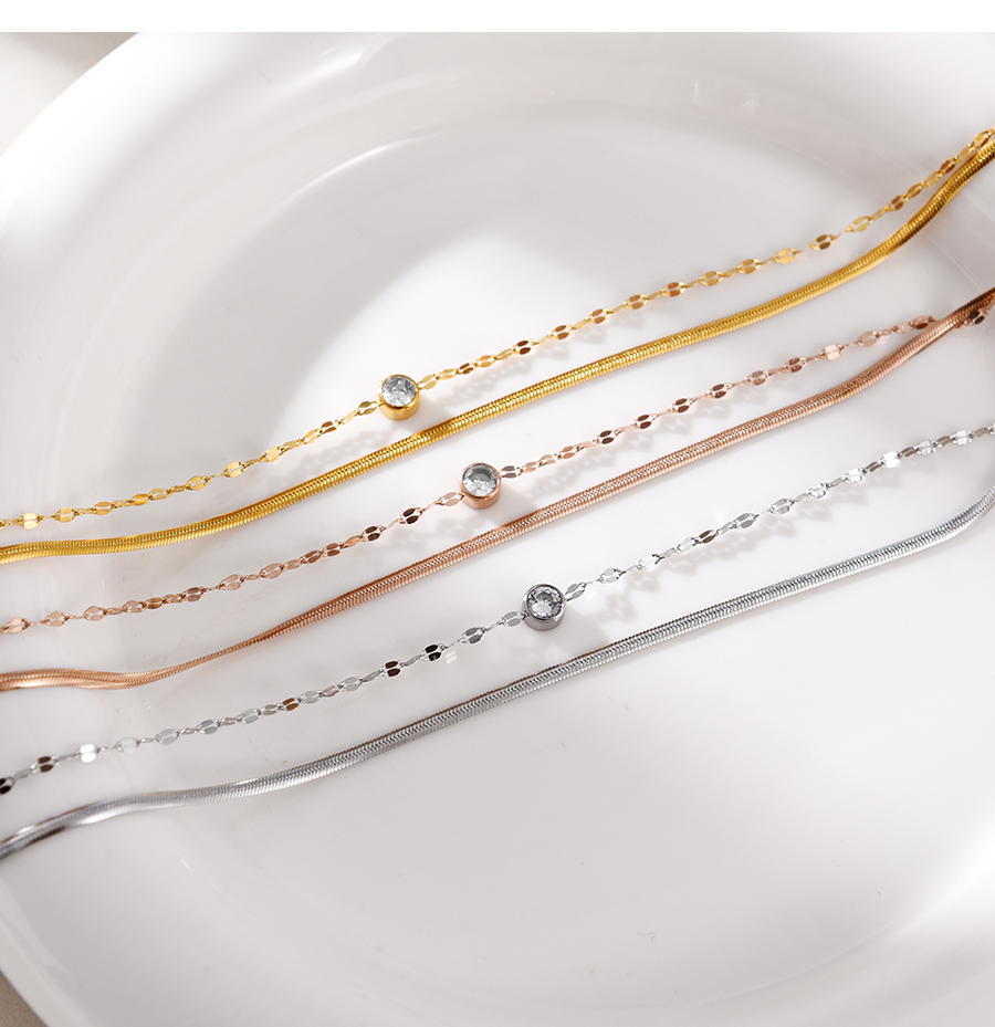 Fashion Rose Gold Double Layer Titanium Steel Inlaid Zirconium Round Pendant Snake Chain Bracelet,Bracelets