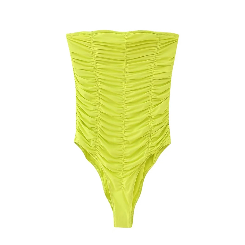 Fashion Yellow-green Polyester Crinkled One-piece Swimsuit,One Pieces