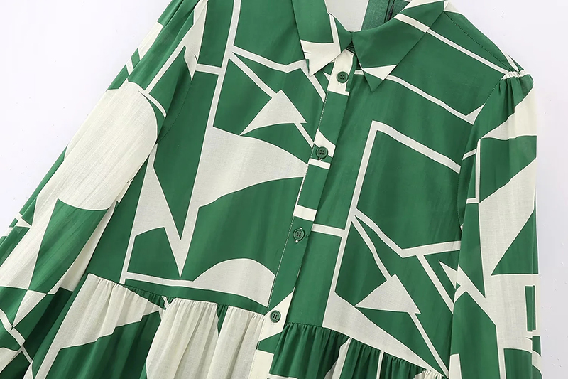 Fashion Green Polyester Print Lapel Breasted Dress,Long Dress
