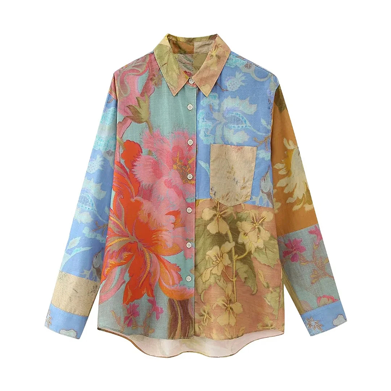Fashion Stitching Polyester Color-block Lapel-breasted Shirt,Blouses