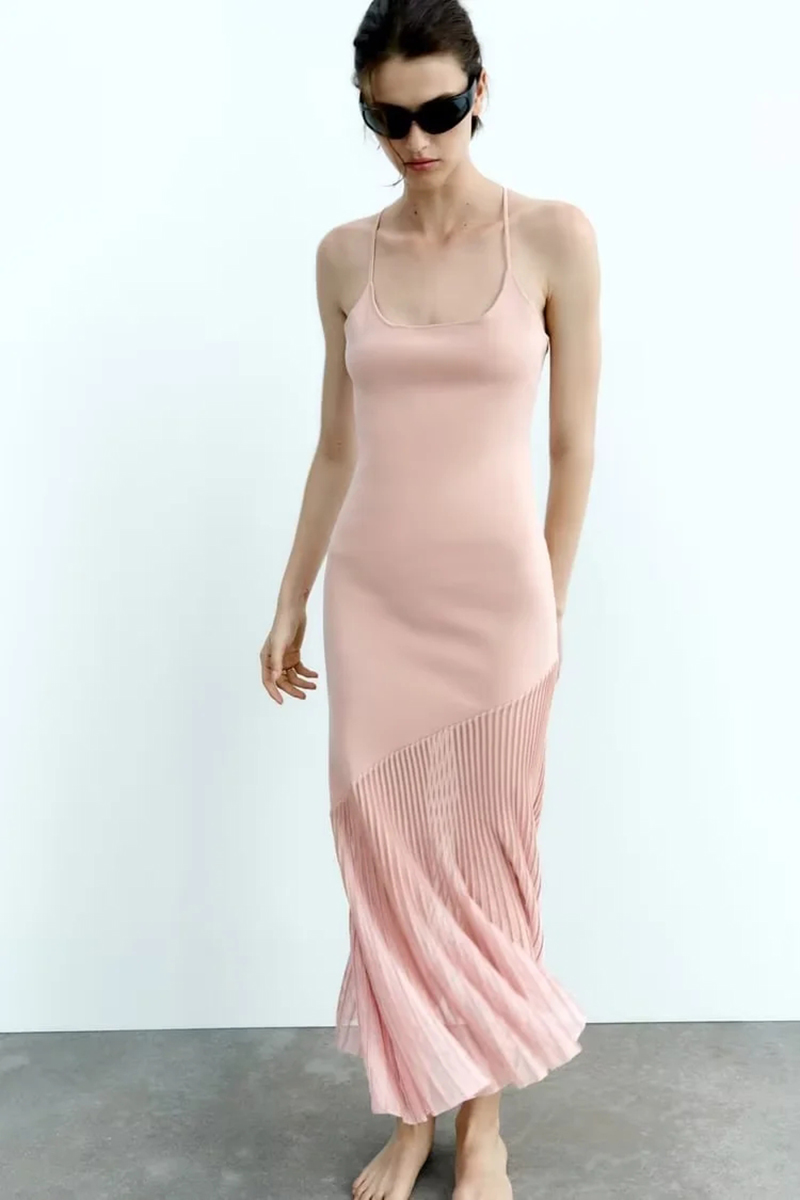 Fashion Pink Paneled Knitted Slip Dress,Long Dress