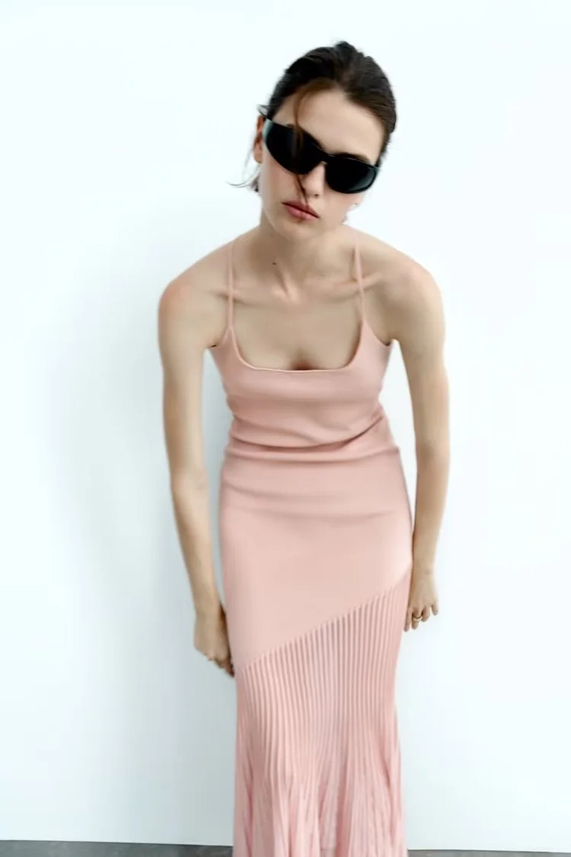 Fashion Pink Paneled Knitted Slip Dress,Long Dress