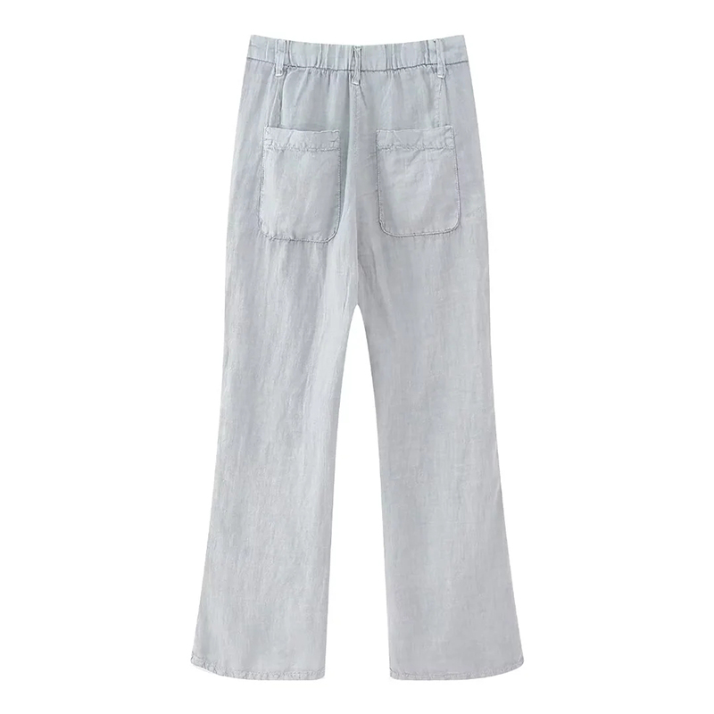 Fashion Blue Linen Straight-leg Flared Trousers,Pants