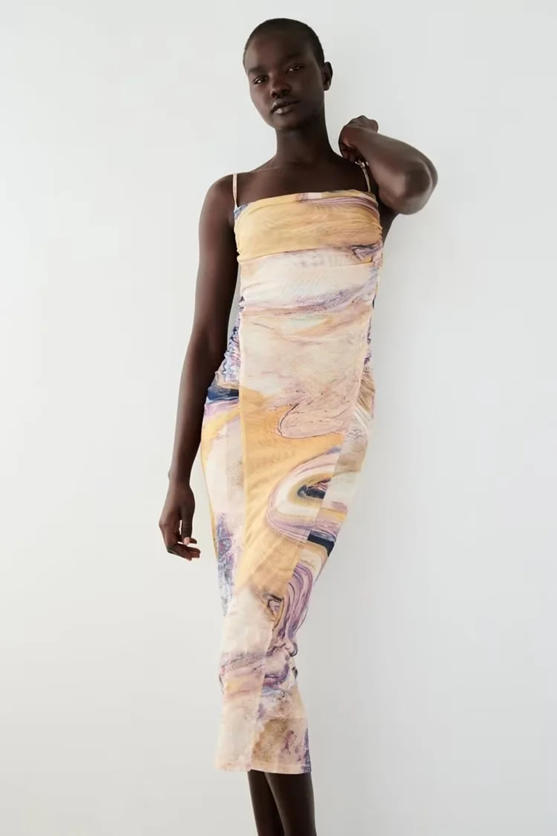Fashion Printing Printed Crinkled-tulle Dress,Long Dress