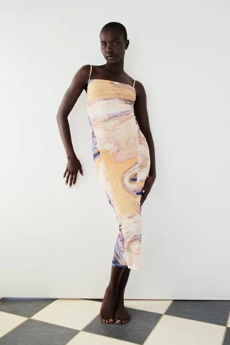 Fashion Printing Printed Crinkled-tulle Dress,Long Dress