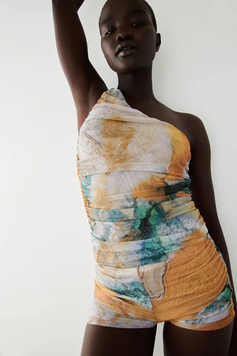 Fashion Printing Asymmetric Tulle Bodysuit,One Pieces
