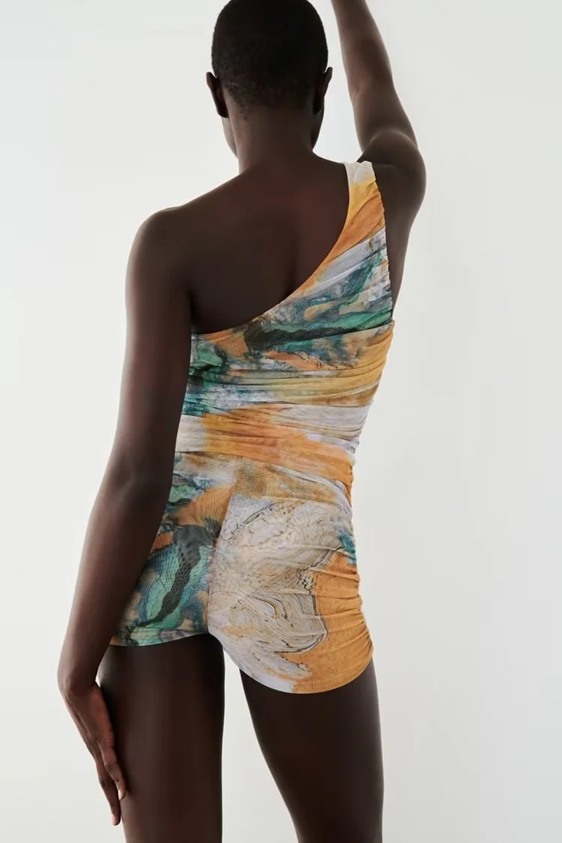 Fashion Printing Asymmetric Tulle Bodysuit,One Pieces