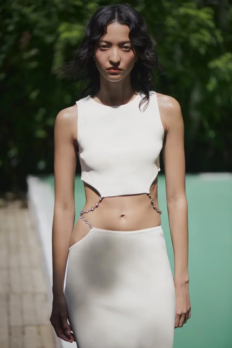 Fashion White Polyester Knit Asymmetric Skirt,Skirts