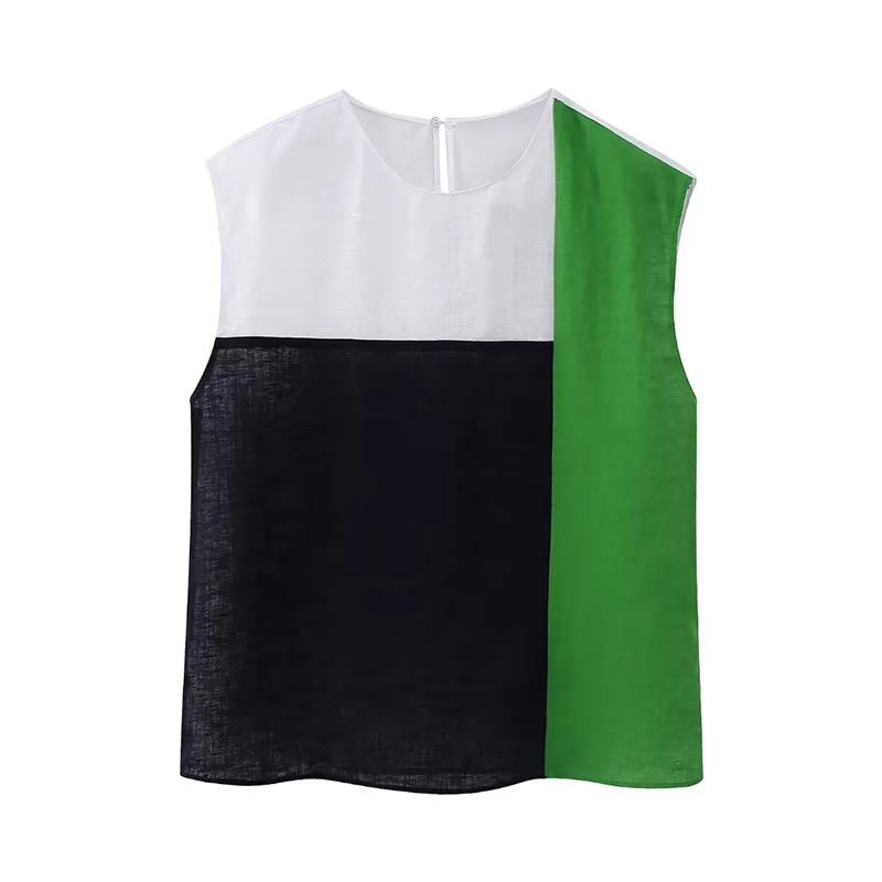 Fashion Color Matching Color-block Linen Crewneck Top,Tank Tops & Camis